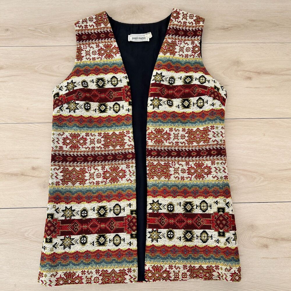 Vintage 70s Joseph Magnin Southwestern Tapestry Vest Long Open-Front Size Medium